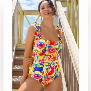 SPORLIKE One Piece Swimsuit Cats Ruffle Adjustable Straps Bathing Suit  NWT